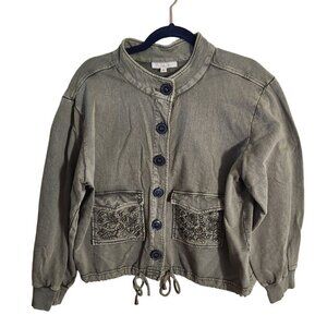 Solitaire Olive Green Cotton Embroidered Button Down Jacket Size L